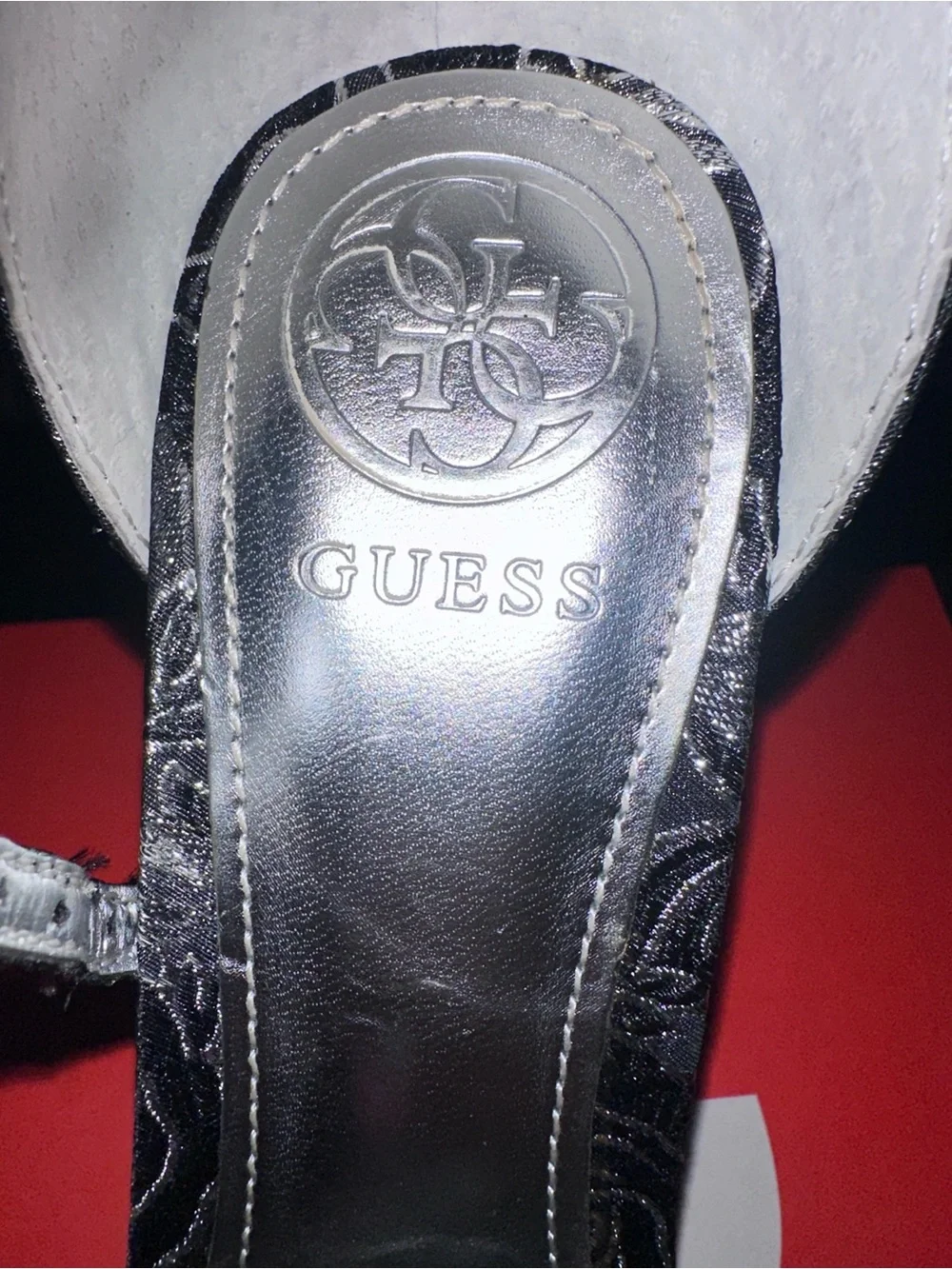 GUESS Metallic Silver Floral Crystal Slingback Heels